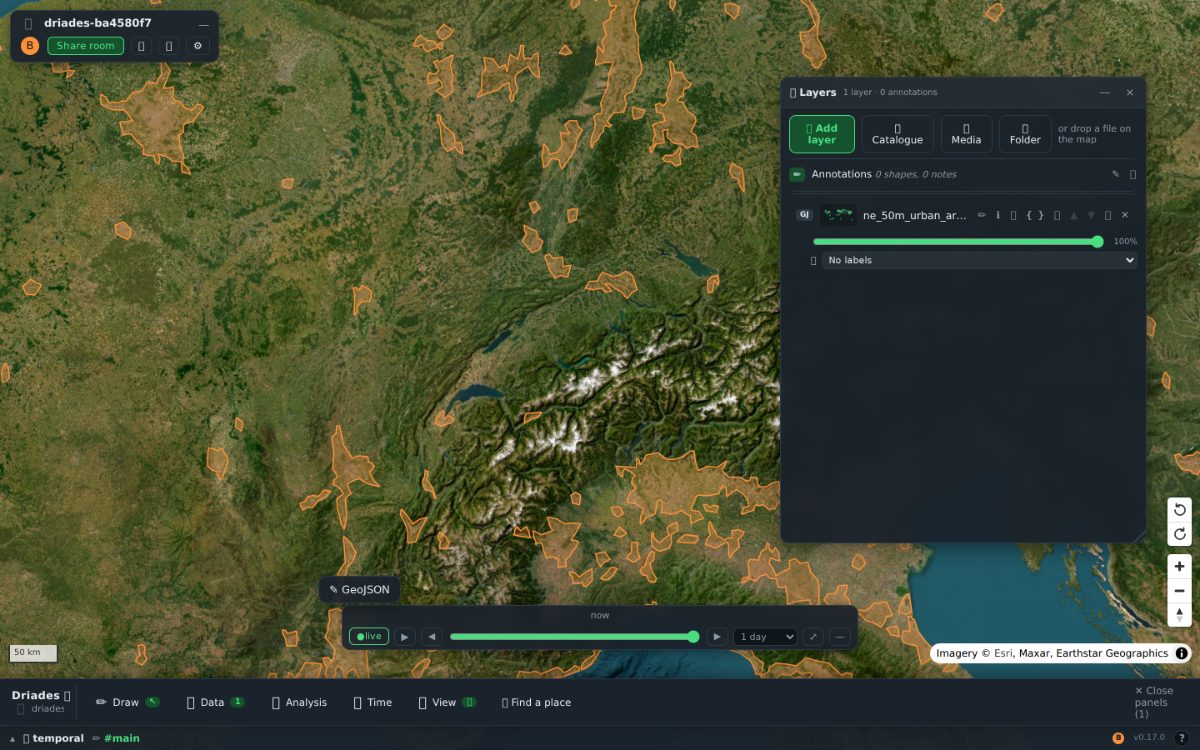 A Driades room on a laptop: the room panel with a Share room button top-left, the Layers panel on the right with one GeoJSON layer and its opacity slider, the time slider along the bottom, and the Draw, Data, Analysis, Time and View bar underneath
