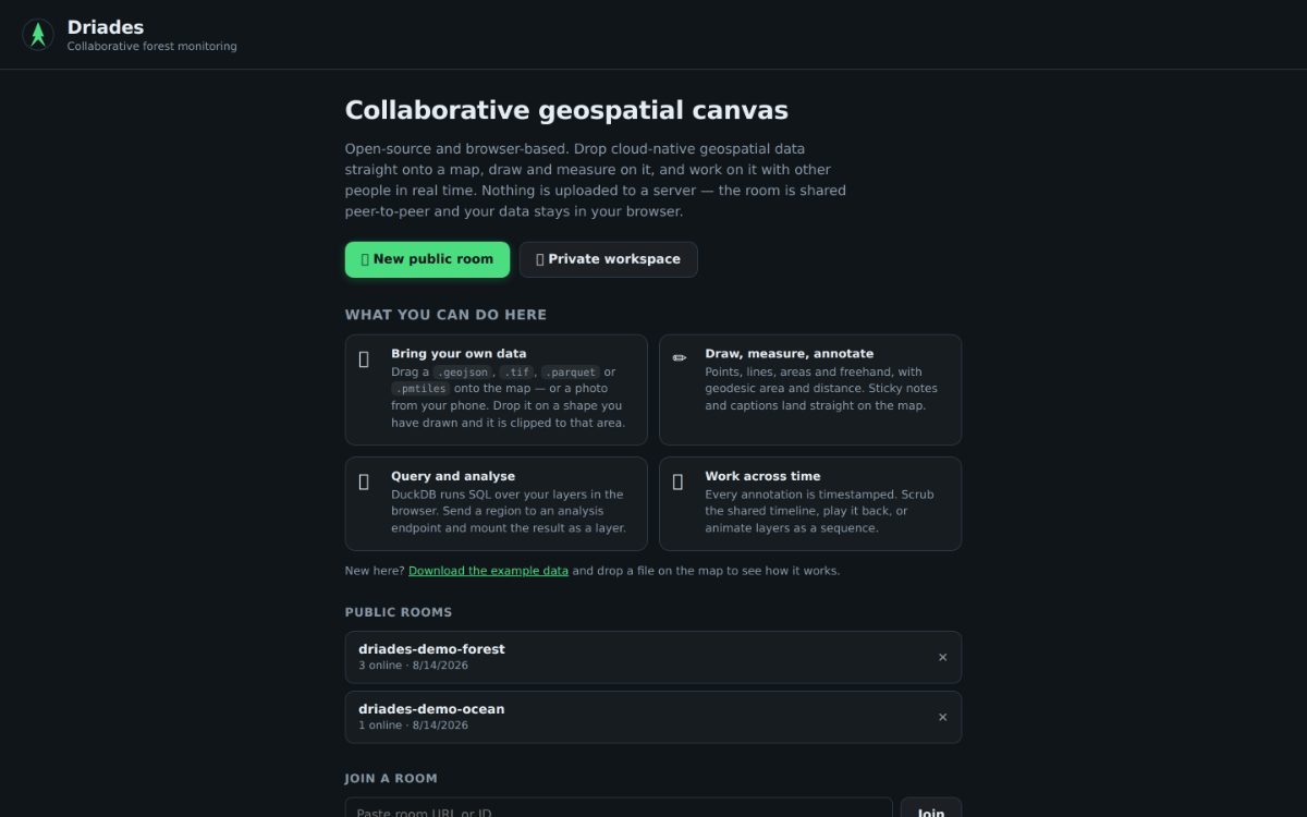 The Driades start screen on a laptop: a Collaborative geospatial canvas heading, New public room and Private workspace buttons, four cards describing what you can do, and a list of public rooms
